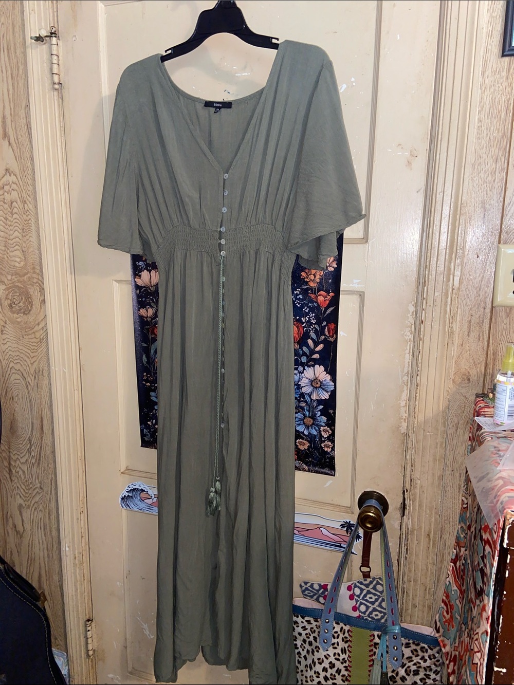 OLIVE GREEN BOHO DRESS Smocked Waist Buttons Down Front BLĀSHE